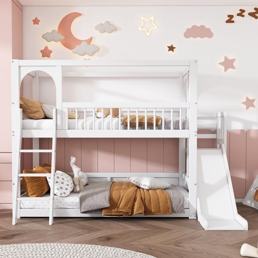 Leuk design kinderstapelbed tweepersoonsbed multifunctioneel kinderbed met opberg&schuif zonder matras wit 90*200