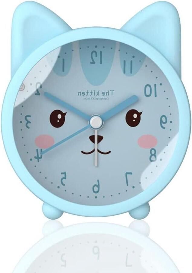 Leuke dierenwekker voor kinderen niet-tikkende konijn kat hertenklok bureau nachtkastje stille wekker met achtergrondverlichting (blauw)