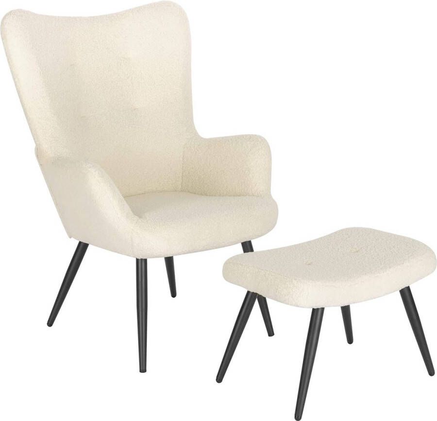 leunstoel vintage retro gestoffeerde stoel met kruk televisiestoel oorfauteuil sherpa fleece crèmewit SKS29 cm