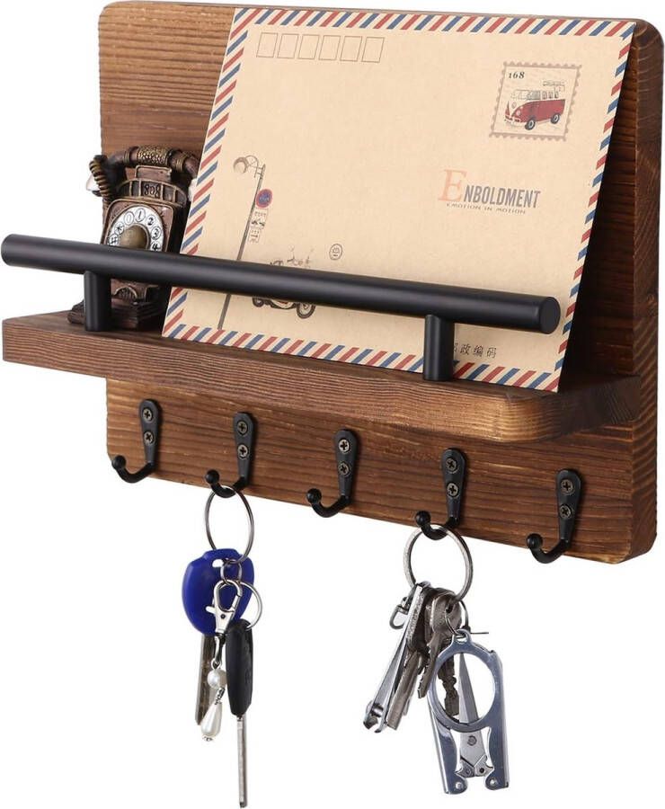 Leutelrek en brievenhouder van hout met 5 sleutelhaken wandrek van hout voor sleutelplank organizer mail-organizer muur sleutelbord met plank houten brievenhouder