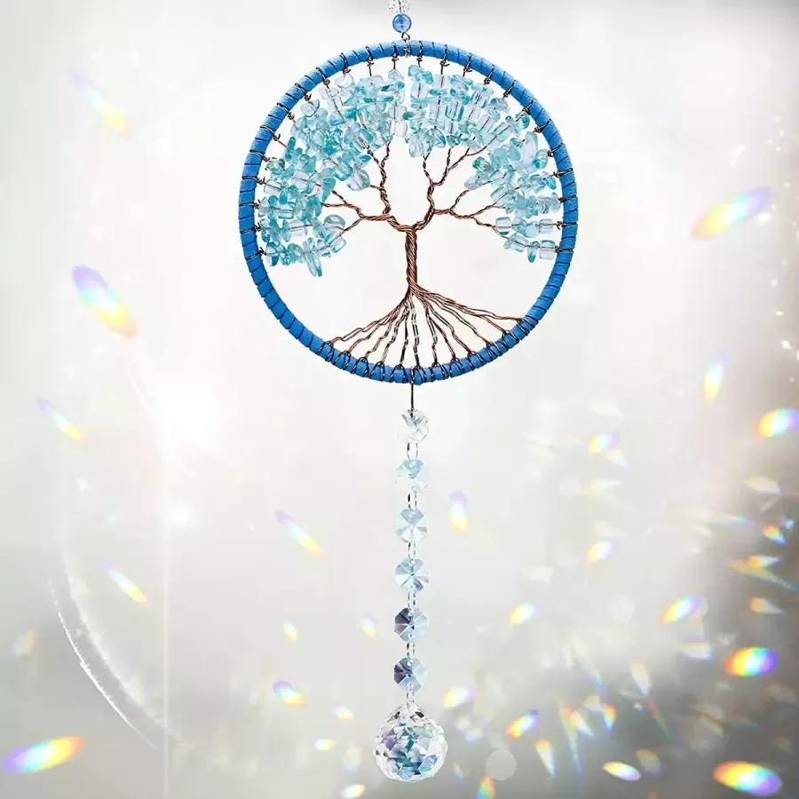 Levensboom kristal zonnecatcher hanger auto achteruitkijkspiegel hangende kristallen ornament kroonluchter prisma regenboogmaker voor ramen zonnecatcher huistuin decoratie (blauw)
