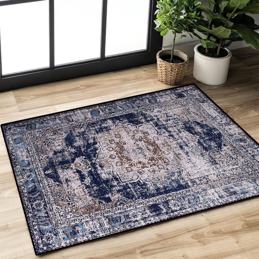 Vintage vloerkleed Antislip laagpolig tapijt 80 x 120 cm Marineblauw