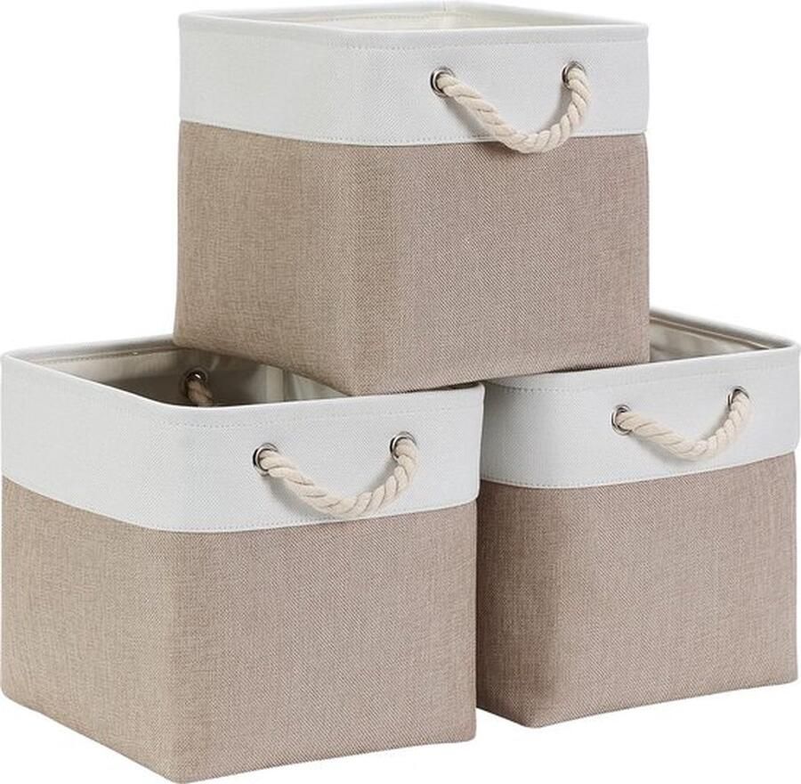 Licht kaki witte stoffen opbergdoos manden set van 3 stuks (30 x 30 x 30 cm) voor kast en plank opvouwbaar