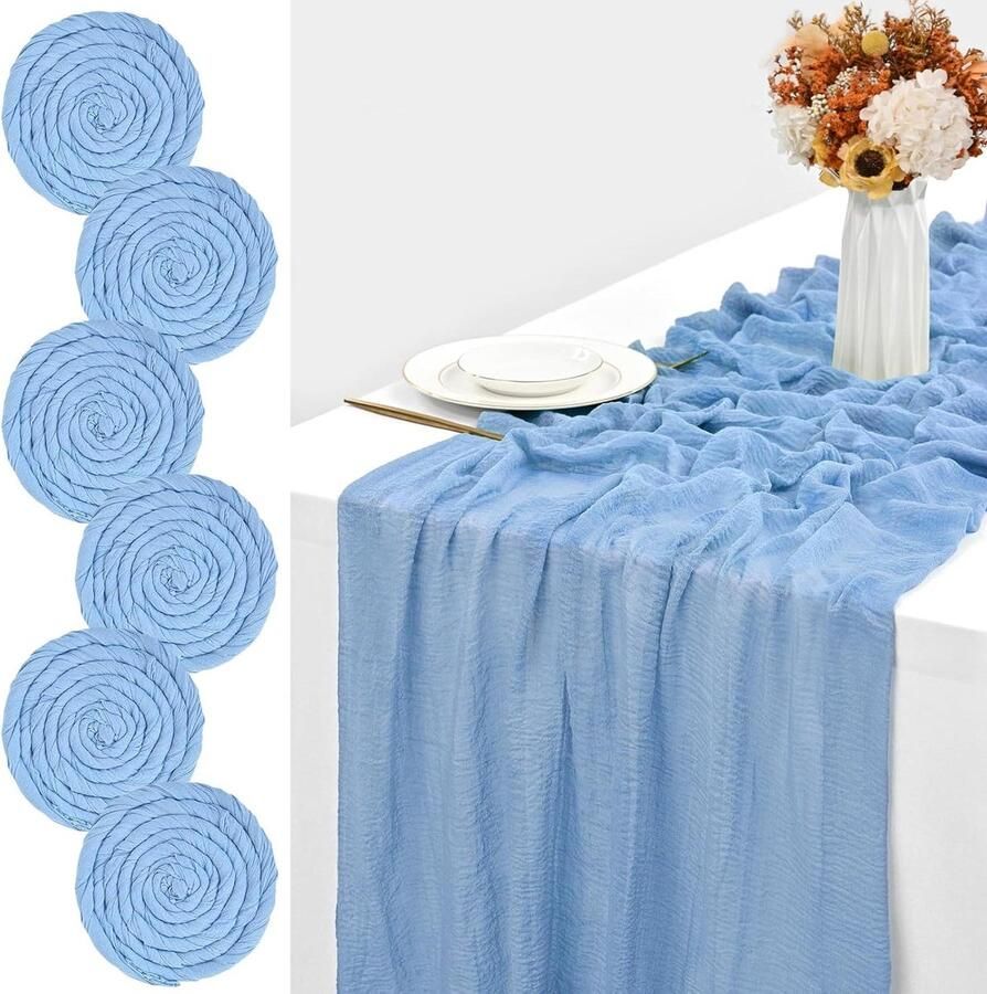 Lichtblauwe kaasdoek tafelloper 6 stuks 3 meter gaas tafelkleed 80x300 cm rustieke gaasstof boho tafelloper bruiloft bruidsdouche decoraties