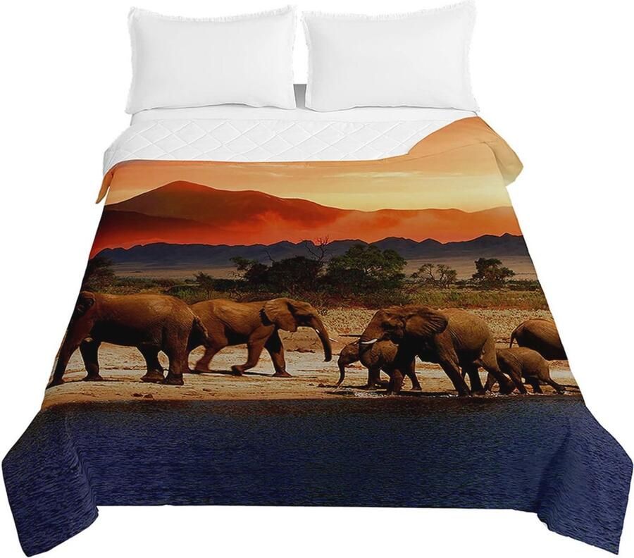 Lichte Gewatteerde Sprei voor Dubbel Bed Zachte Microfiber Dekens met 3D Olifant Patroon (230x260cm)