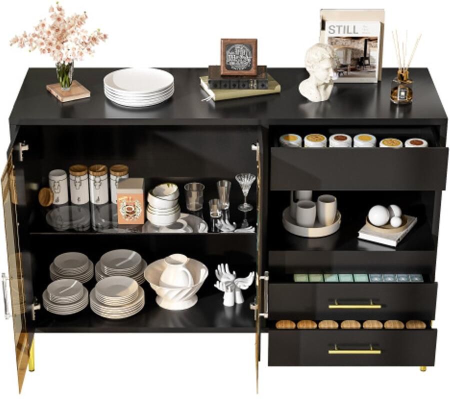 Steven lichte luxueuze moderne sideboard met elegante tijlgroene glasdeur handvatten van kristal-acryl voor eetkamer en woonkamer galvaniseerde gouden ijzeren poten zwarte carcasse