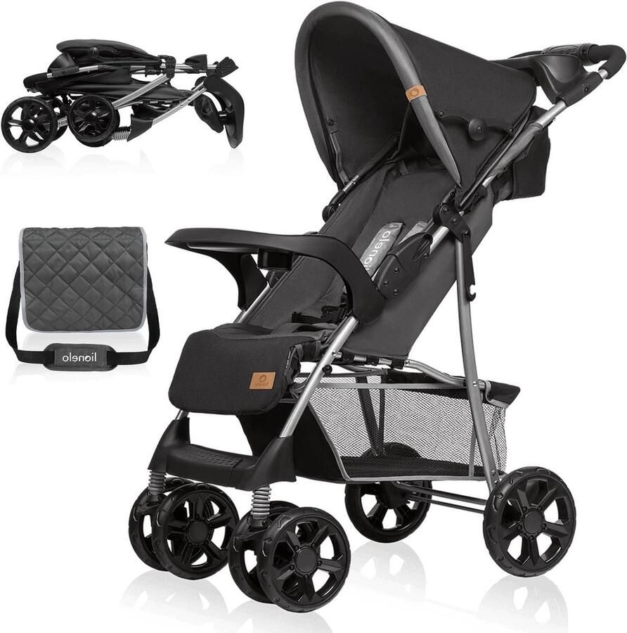 Lichtgewicht en eenvoudig opvouwbare buggy met verstelbare rugleuning en voetensteun tot LIGSTAND inclusief luiertas en grote opbergmand voor kinderen van 6-36 maanden met schokdempers (zwart)