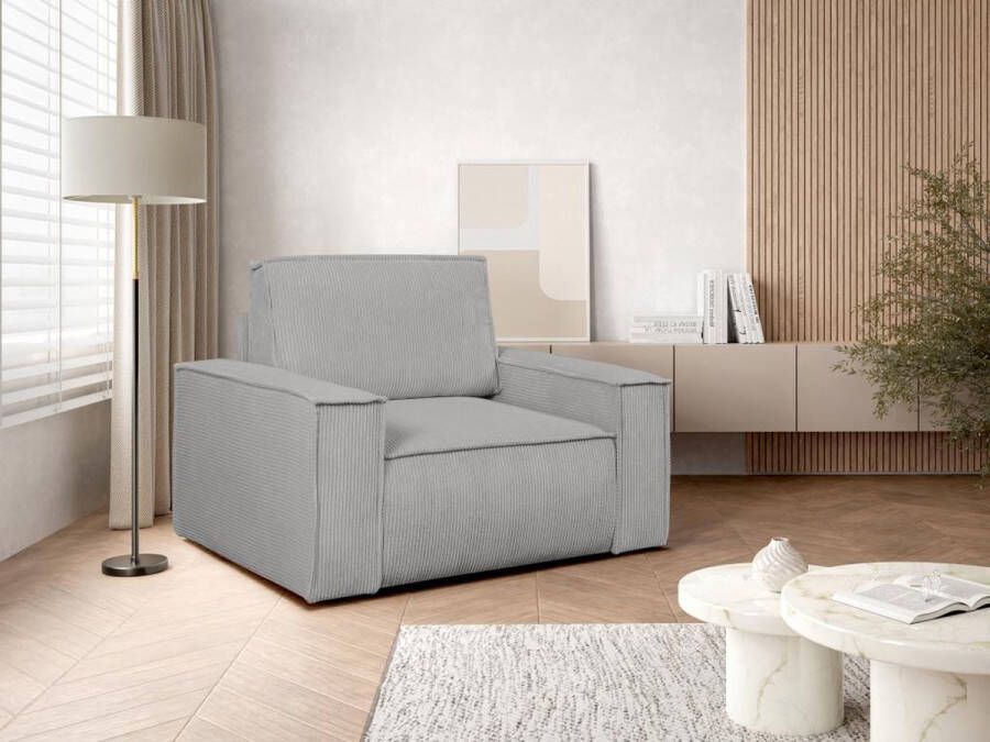 Vente-unique Lichtgrijze ribfluwelen fauteuil AMELIA L 120 cm x H 85 cm x D 86 cm