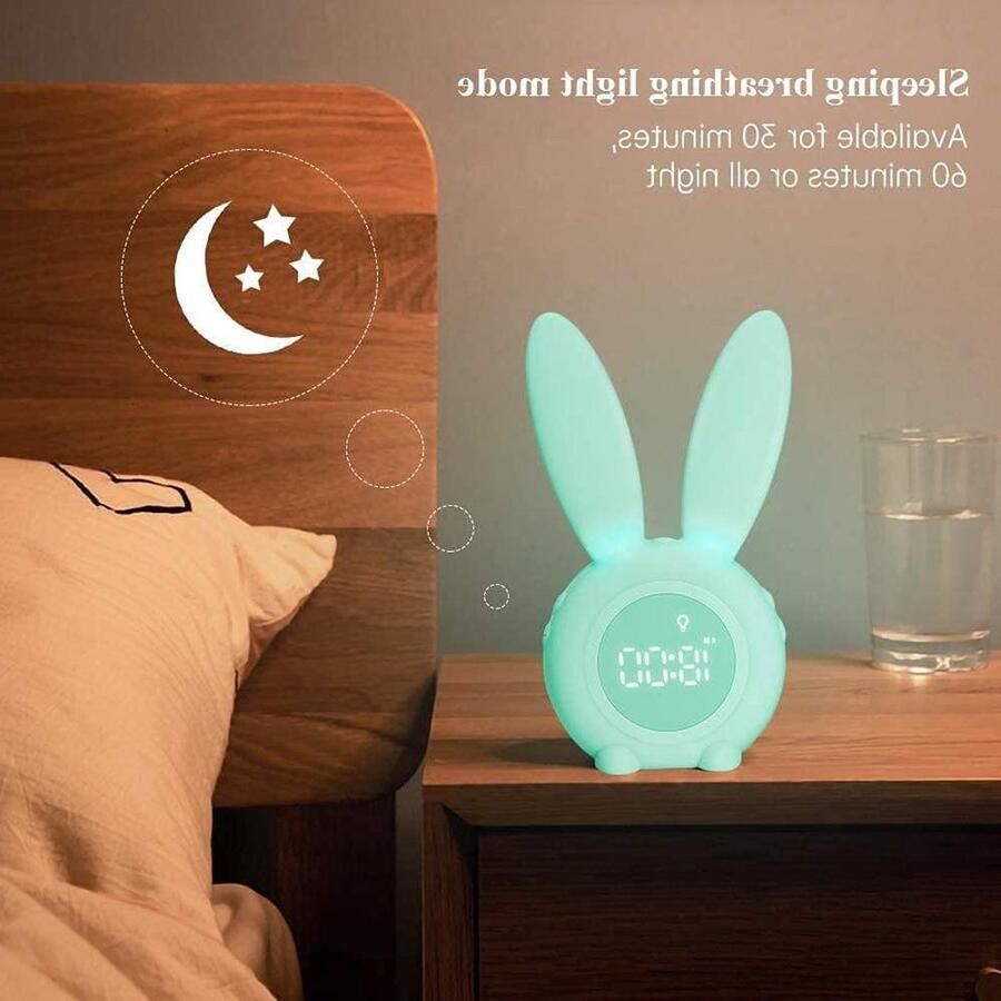 Lichtwekker voor kinderen konijn alarm clock wake up light creatieve lamp stil nachtlicht met sluimerfunctie 6 luide geluiden tijdgestuurd nachtlampje groen met konijn-figuur