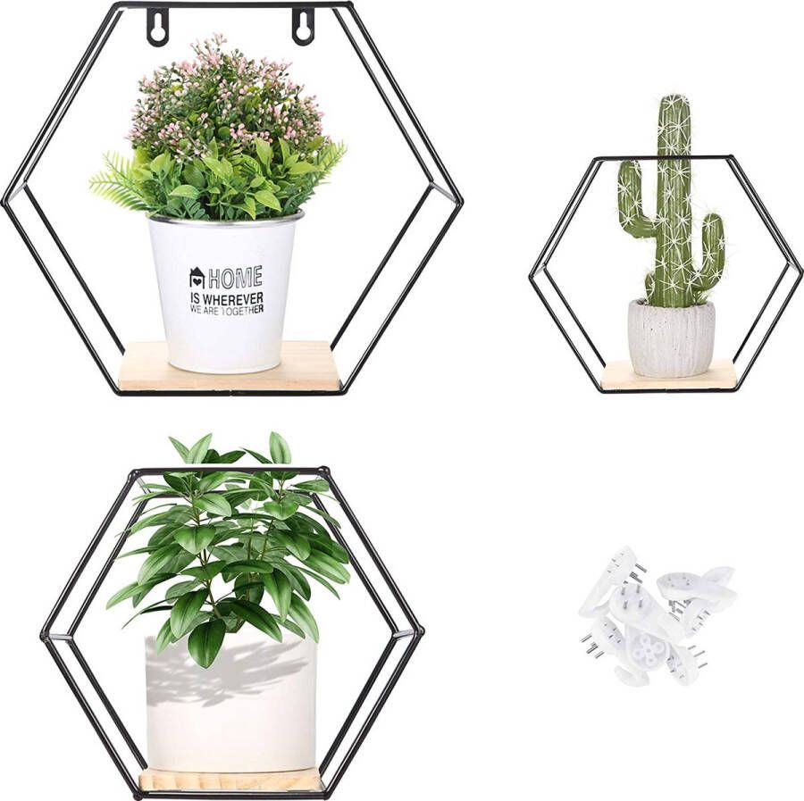 Liesun Set van 3 zeshoekige wandplanken opbergplank decoratie wandplank metalen plank zeshoekige wandplank wandrek klein industrieel rek