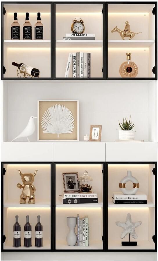 Glazen kastdeur 200cm hoog witte vitrine met LED -verlichting multi -opslag boekenplank voor collectie slaapkamer woonkamer kantoor wit zwart deur frame - Foto 2