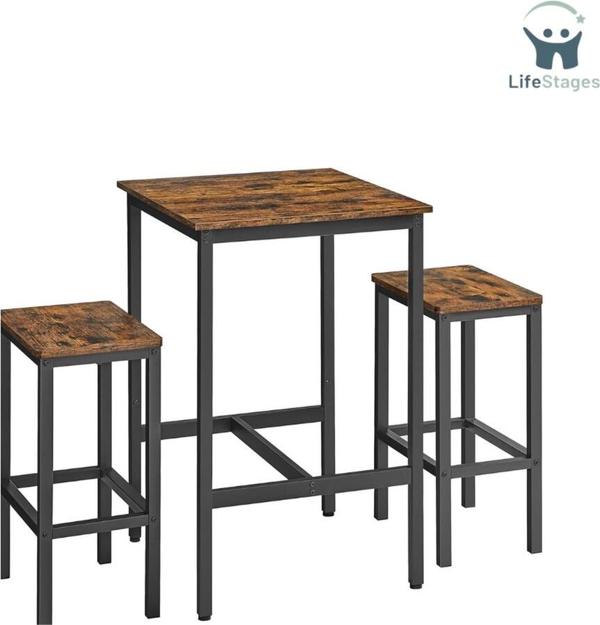 LifeStages Bartafel Met Barstoelen Bartafel En Stoelen Vierkante Bartafel Met 2 Barkrukken Eetkamer Pub Bar Tafel Set Voor 2 Ruimtebesparend Voor Keuken Ontbijt Kleur Vintagebruin + Zwart