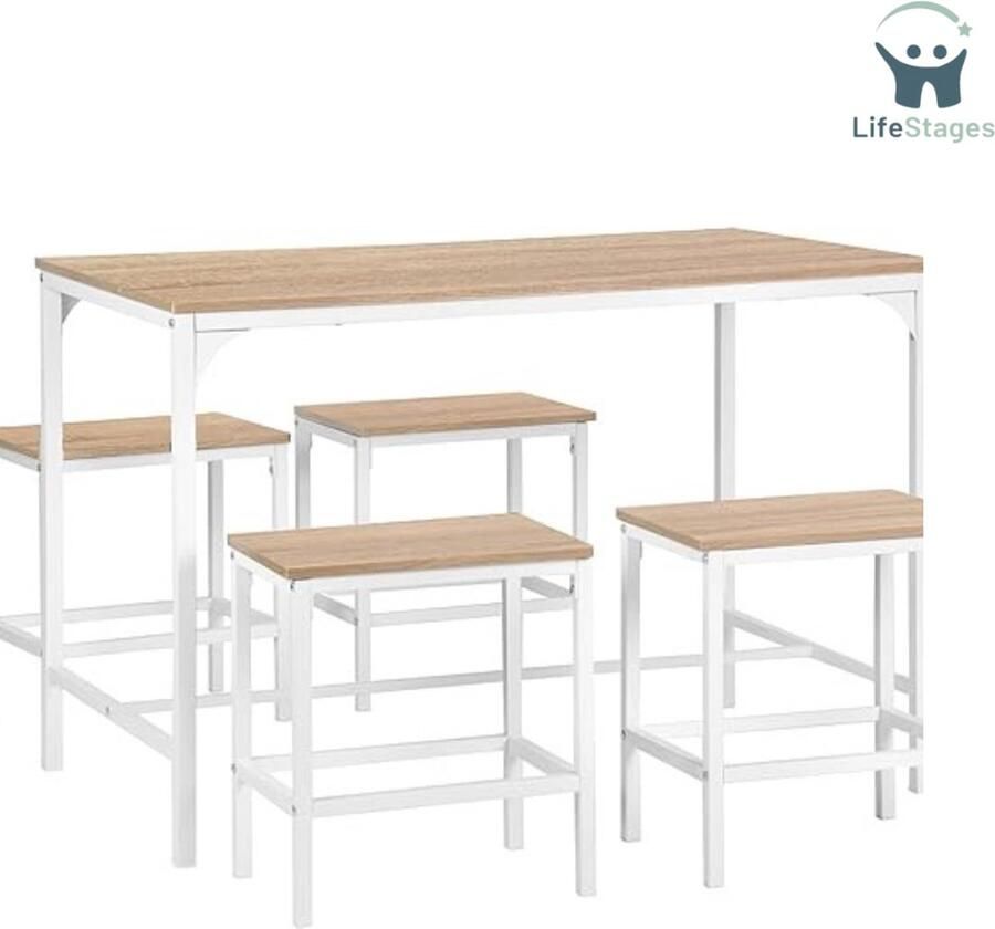 LifeStages Bartafel Met Barstoelen Bartafel Met 4 Barkrukken Eettafel Voor Keuken Beukenhout Wit Set Van 5