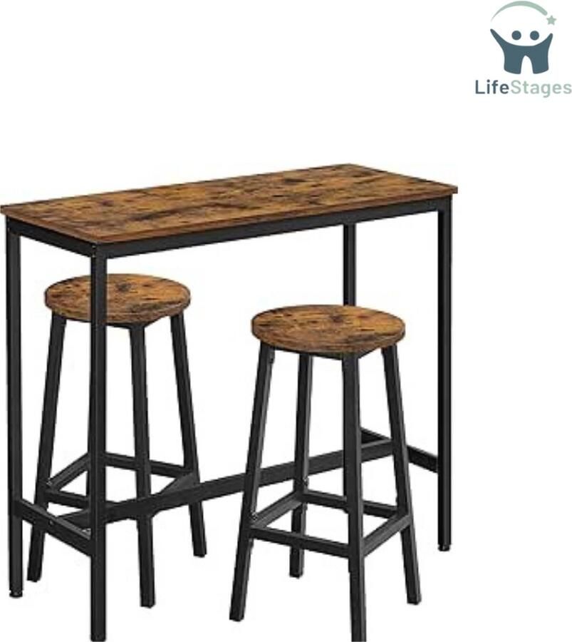 LifeStages Bartafel Met Barstoelen Bartafelset Statafel Met 2 Barkrukken Keukenaanrecht Met Barstoelen Industrieel Design Kleur Vintagebruin + Zwart