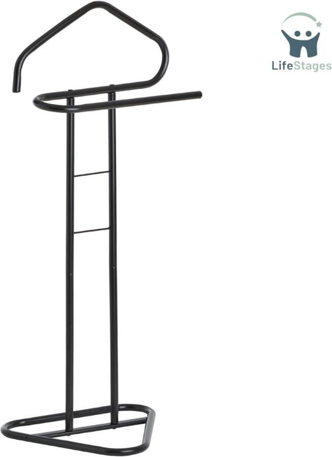 LifeStages Dressboy Praktische Stille Bediende met Broekenhanger Mooie Kleding Butler met Zakhouder Moderne Kledingstandaard Zwart Gelakt