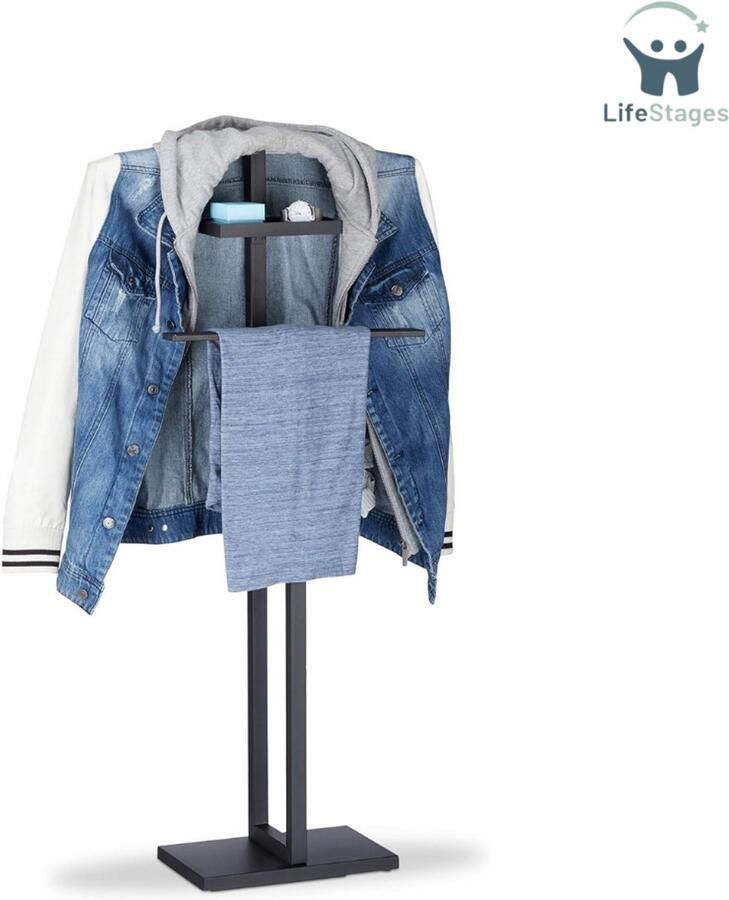 LifeStages Dressboy Zwart Kledingbutler Met Broekenhanger Hxbxd: 112x52 5x20 Cm Kledingstandaard Mdf & Staal Zwart