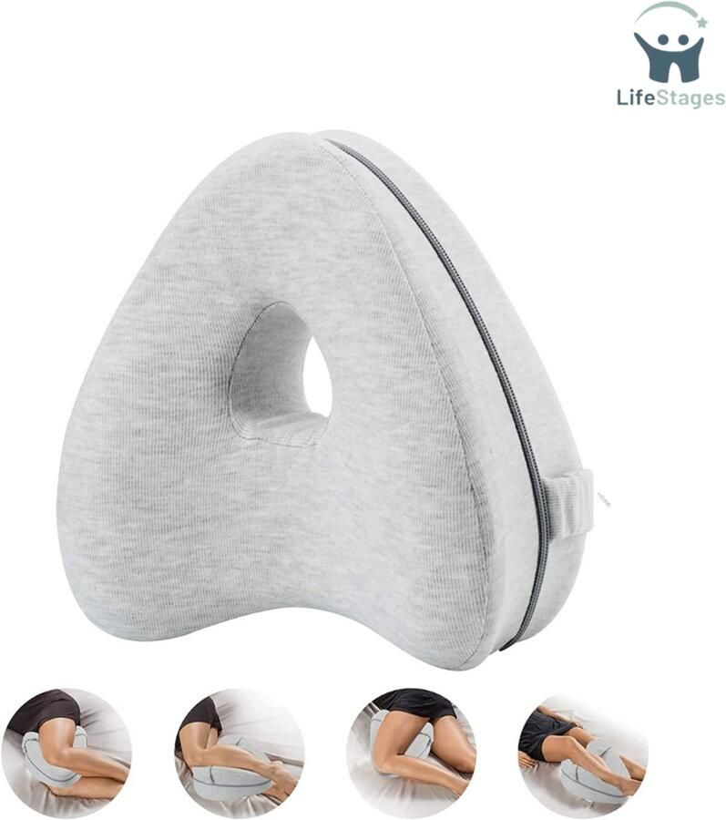 LifeStages Kniekussen voor in Bed Beenkussen Kniekussen Ergonomisch Zijslaper Kussen Optimaal Memory Foam Kussen voor Zijslapers Positioneringskussen met Afneembare en Wasbare Cover (Lichtgrijs Harttype)