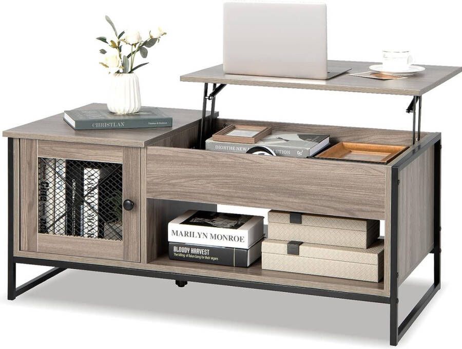Lift Top Salontafel Industriële Centrumtafel met Pneumatische Lifting Multifunctionele Accenttafel met Gesloten Compartiment & 2-deurs Kast voor Woonkamer 106 x 55 x 44 5 cm Grijs