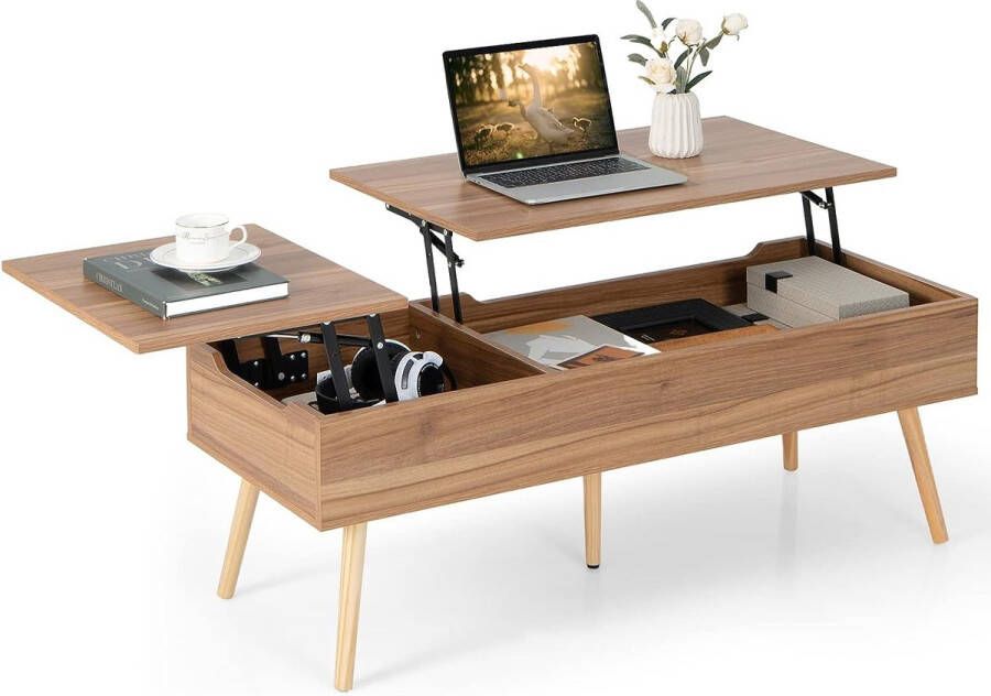 Lift Top Salontafel met Opslag & Pneumatische Staven 2 Verborgen Compartimenten & 5 Massief Houten Poten Multifunctionele Centrumtafel voor Woonkamer 120 x 49 x 42 cm Bruin