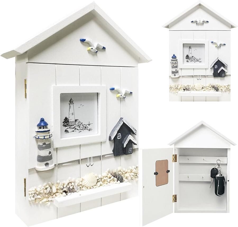 Lighthouse Style Wooden Key Cabinet with 6 Key Hooks for Wall Mounting 30 x 22 x 6.5 cm - Foto 2