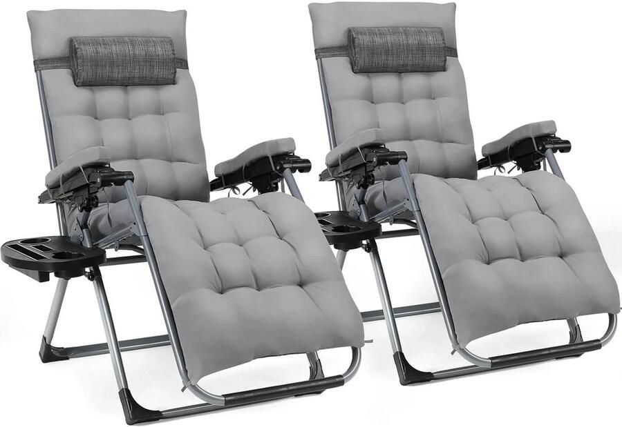 Ligstoel Tuinstoelen Strandstoel Klapstoel Zero Gravity Opvouwbare Draagvermogen van 160KG Verstelbare met Verwijderbare Kussen Hoofdsteun en Kopjeshouder- Binnen Buiten Tuinset – Campingstoel – Tuinstoel – 2 Stuks Grijs