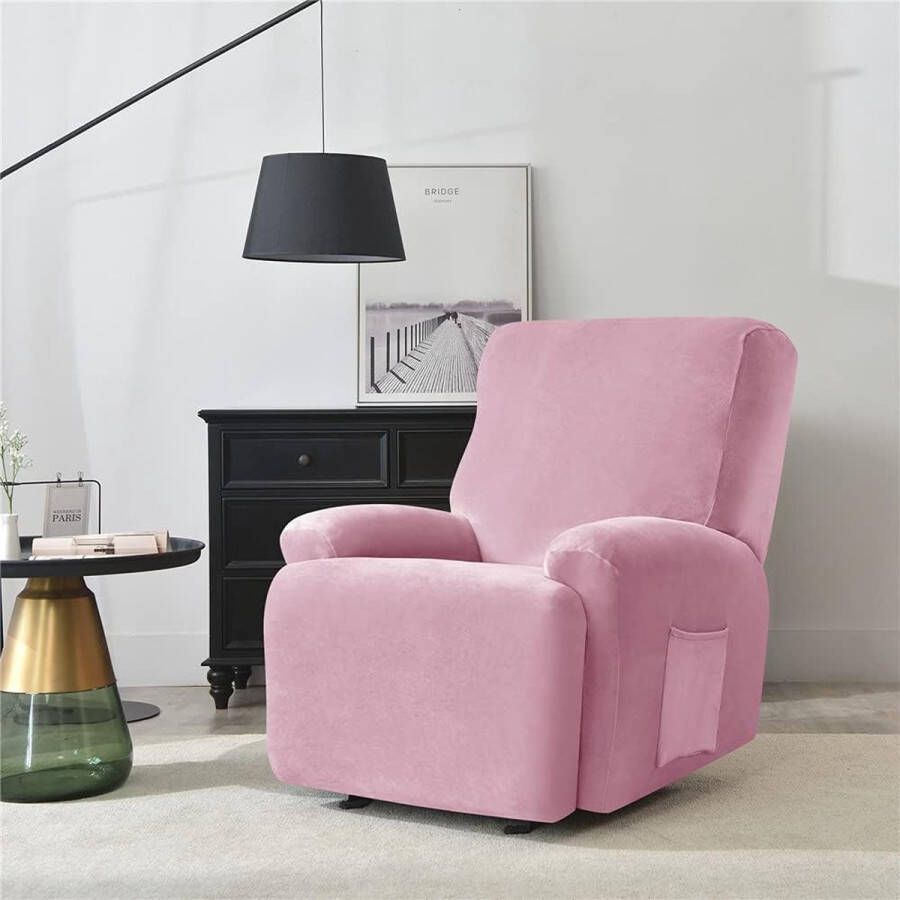 Ligstoelhoezen met zakken effen kleur fluwelen fauteuil stoelhoezen 4 stuks polyester spandex meubelbeschermer antislip fauteuil bankhoes voor woonkamer (roze)