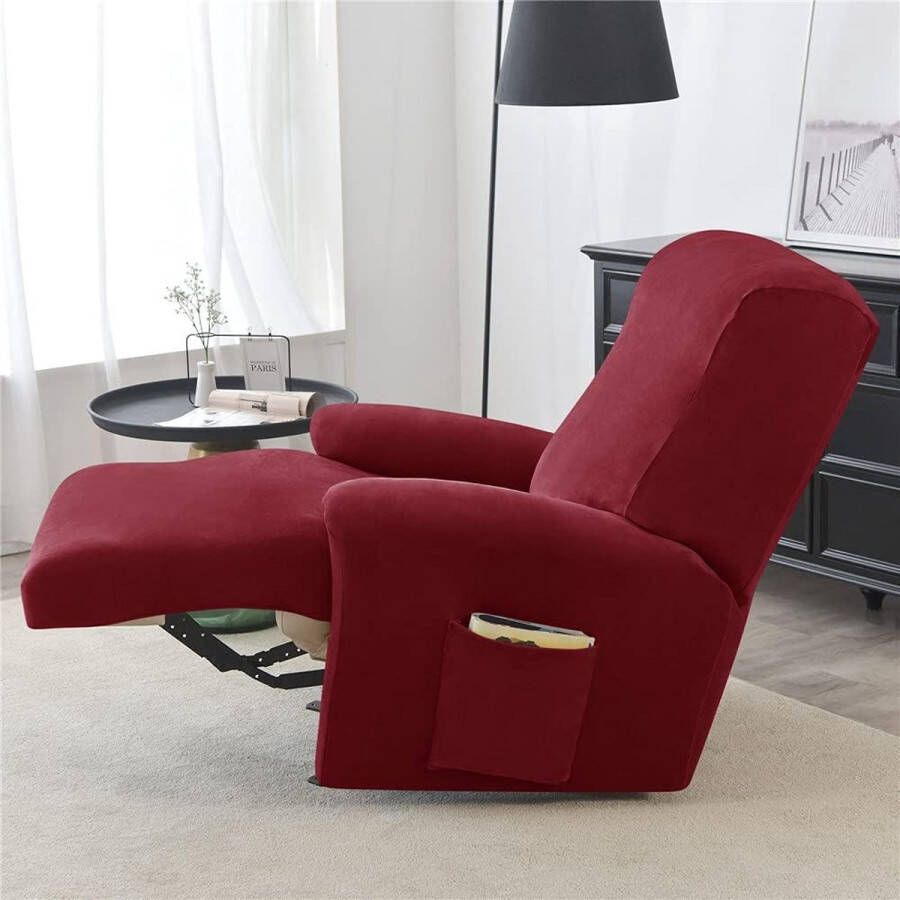 Ligstoelhoezen met zakken effen kleur fluwelen fauteuil stoelhoezen 4 stuks polyester spandex meubelbeschermer antislip fauteuil bankhoes voor woonkamer (bordeauxrood)