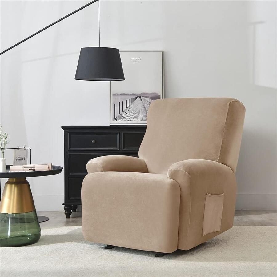 Ligstoelhoezen met zakken effen kleur fluwelen fauteuilhoezen 4 stuks polyester spandex meubelbeschermer antislip fauteuil bankhoes voor woonkamer (kameel)
