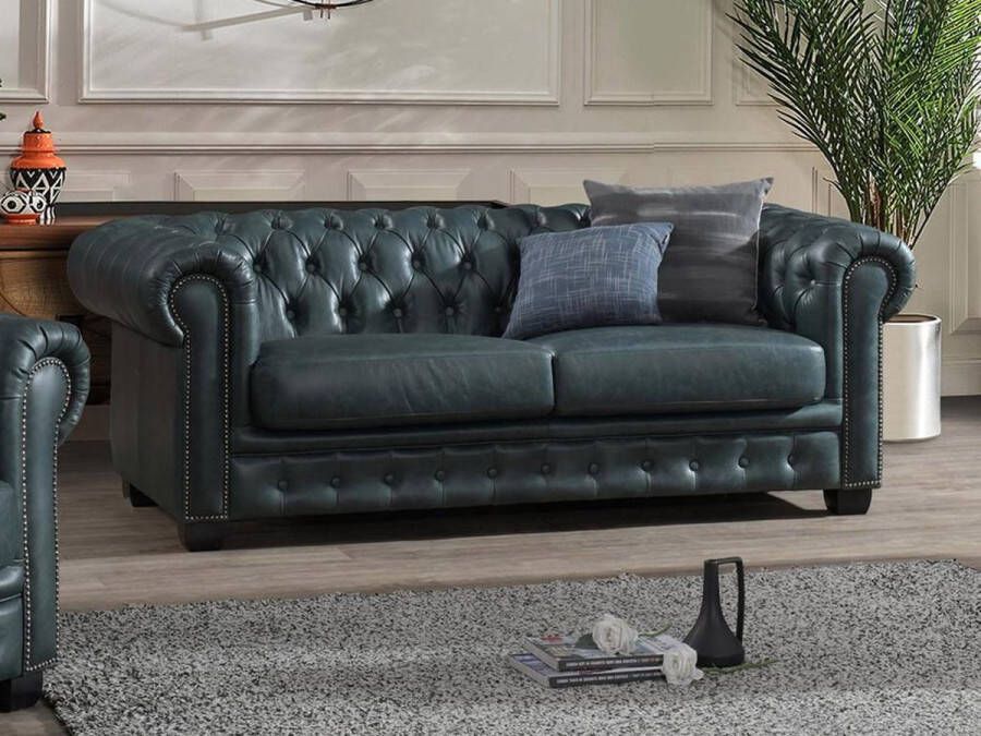 LINEA SOFA Chesterfield 3-zitsbank BRENTON 100% buffelleer Spaans groen L 201 cm x H 73 cm x D 96 cm