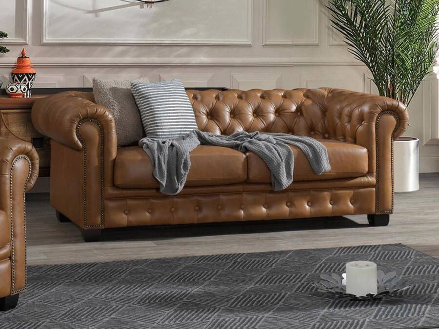 LINEA SOFA Chesterfield 3-zitsbank BRENTON 100% buffelleer Vintage caramel L 201 cm x H 73 cm x D 96 cm