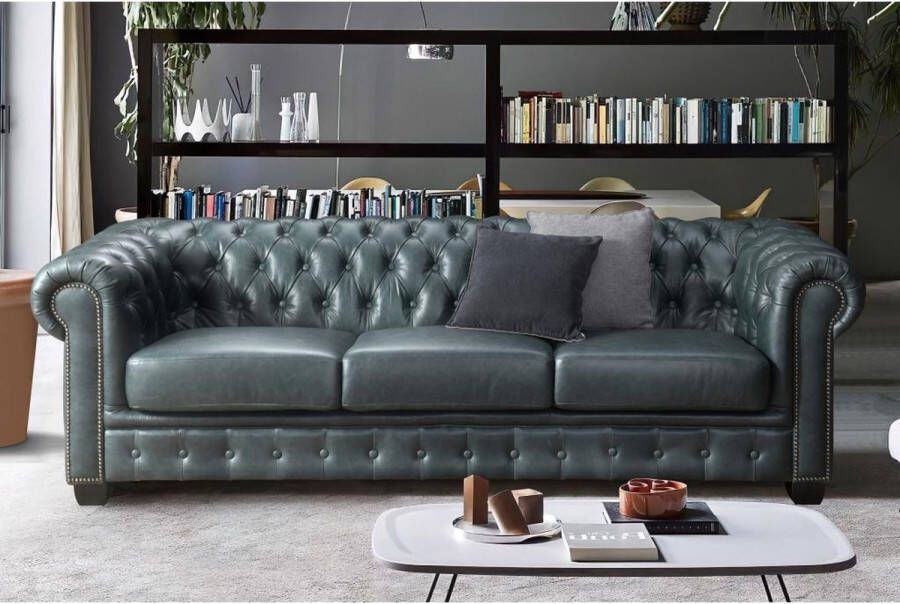 LINEA SOFA Chesterfield zitbank 4 plaatsen BRENTON 100% buffelleer Spaans groen L 240 cm x H 73 cm x D 99 cm - Foto 2