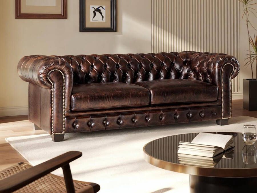 Vente-unique Driezitsbank Chesterfield BRENTON 100% buffelleer bruin tinten L 201 cm x H 73 cm x D 96 cm