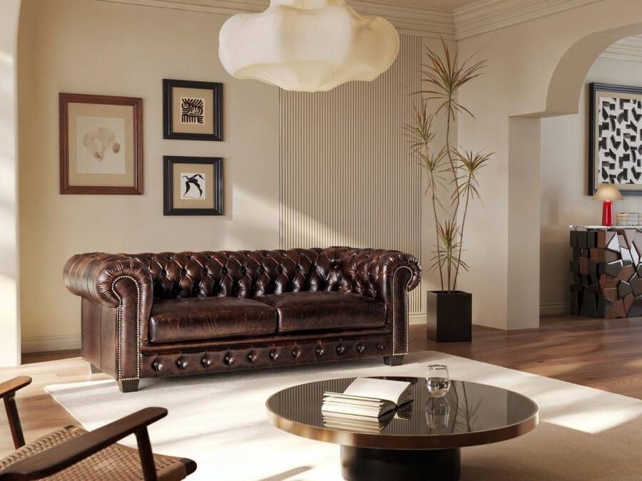 Vente-unique Driezitsbank Chesterfield BRENTON 100% buffelleer bruin tinten L 201 cm x H 73 cm x D 96 cm - Foto 2
