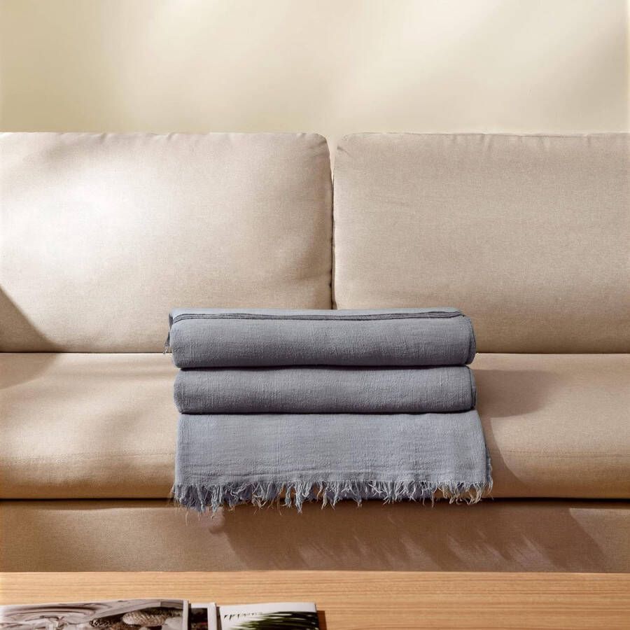 Linen Blanket for Couch Sofa Bed Prewashed Linen Breathable Soft Cuddly Lightweight All Year Round (140 x 190 cm Blue)