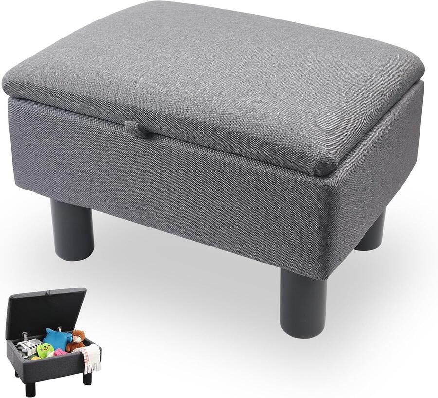 Linen Pouf Footstool met Opbergruimte Pouffe met Houten Poten Opbergdoos Zitkubus met Deksel voor Woonkamer Slaapkamer Hal Grijs