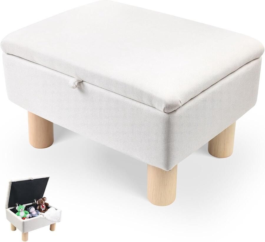 Linen Pouf Footstool met Opbergruimte Pouffe met Houten Poten Opbergdoos Zitting Cube met Deksel voor Woonkamer Slaapkamer Gang Crème