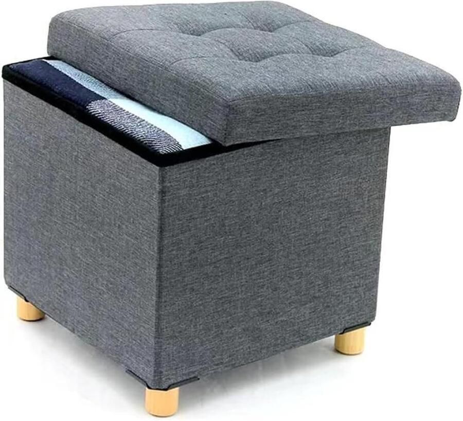 Linnen bekleding zitzak comfortabele zitting houten frame multifunctionele kist 38 x 38 x 38 cm grijs