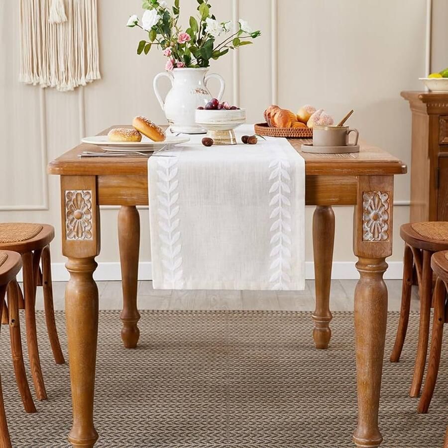 Linnen Geborduurde Tafelloper Rustiek en Elegant 1 stuk Wit 230cm