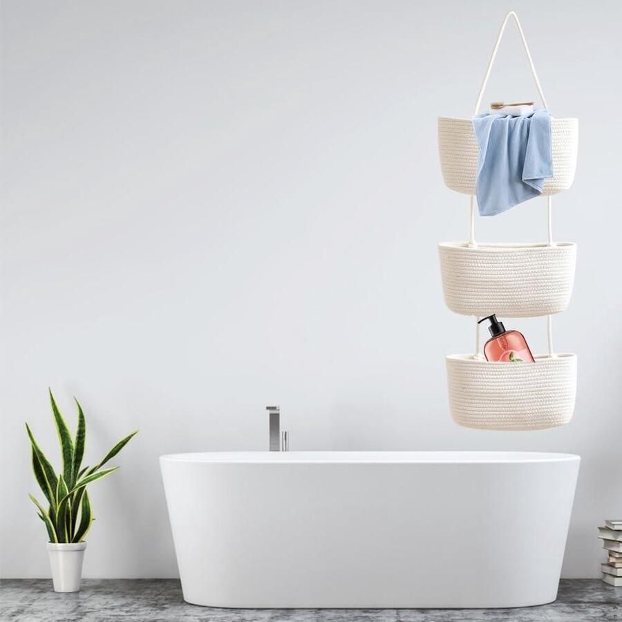 Linnen hangorganizer met 3-traps katoenen touwmand ruimtebesparende wandorganizer voor slaapkamer en woonkamer in het wit