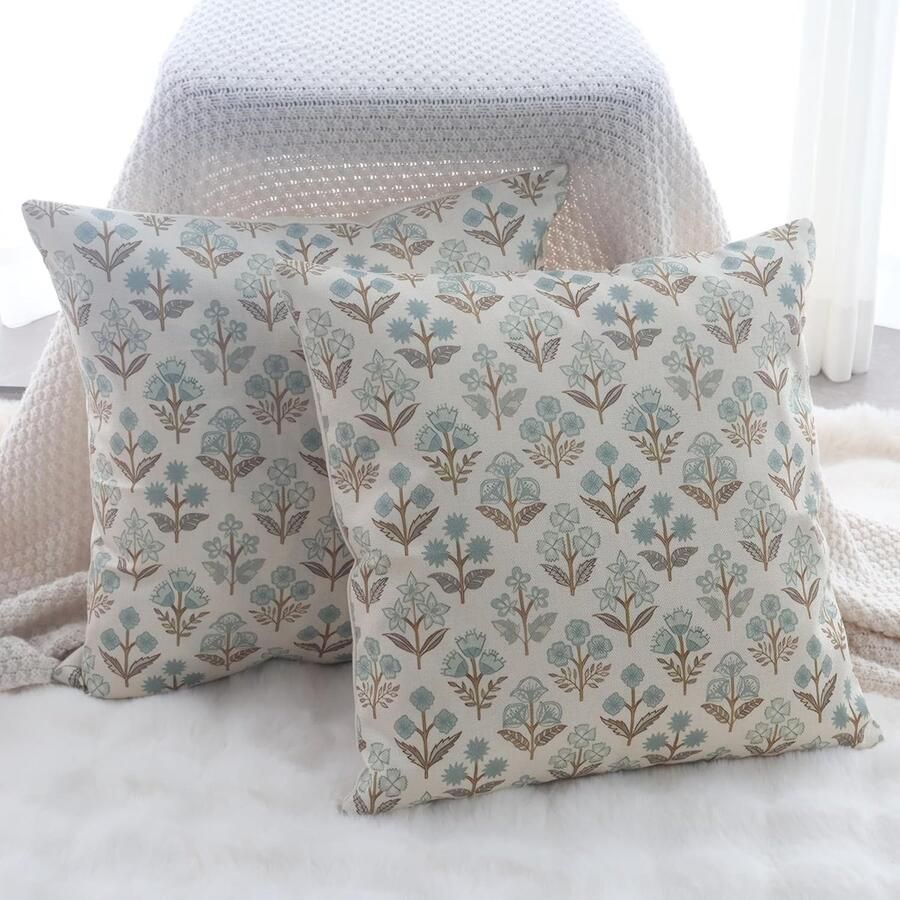 Linnen Kussensloop Set van 2 40 x 40 cm Bruin met Bloemen Modern en Weerbestendig voor Bank en Tuin