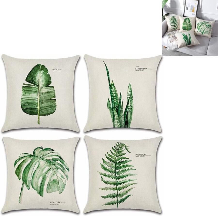 Linnen kussenslopen Outdoor kussenhoes bankkussenhoes 45x45 cm -lenteplanten kussenhoes Groene Planten Sierkussens vierkante kussenhoes voor bank- Buiten Decoratieve 4 stuks（Bevat geen voering）