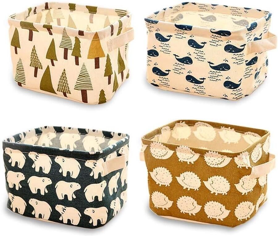 Linnen opbergmand 4-delige set opvouwbare opbergdoos voor kantoor slaapkamer badkamer 4 patronen