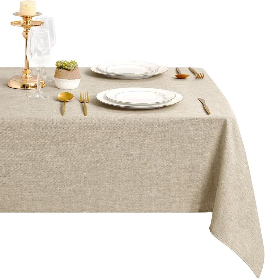 Beige tafelkleed linnenlook waterafstotend 135 x 135 cm