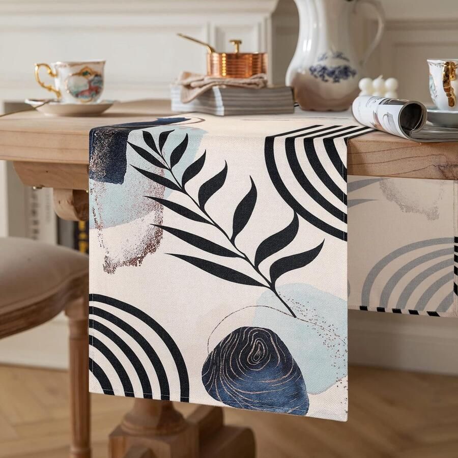 Linnen Tafelloper Modern Abstract Blauw 1 stuk 40 x 140 cm