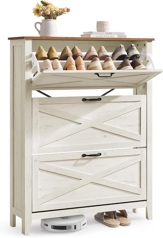 LIRY Collection Schoenenkast – 3 kleppen vrijstaand smal schoenenrek voor 18-24 paar schoenen landelijke stijl vintage wit ideaal voor entree