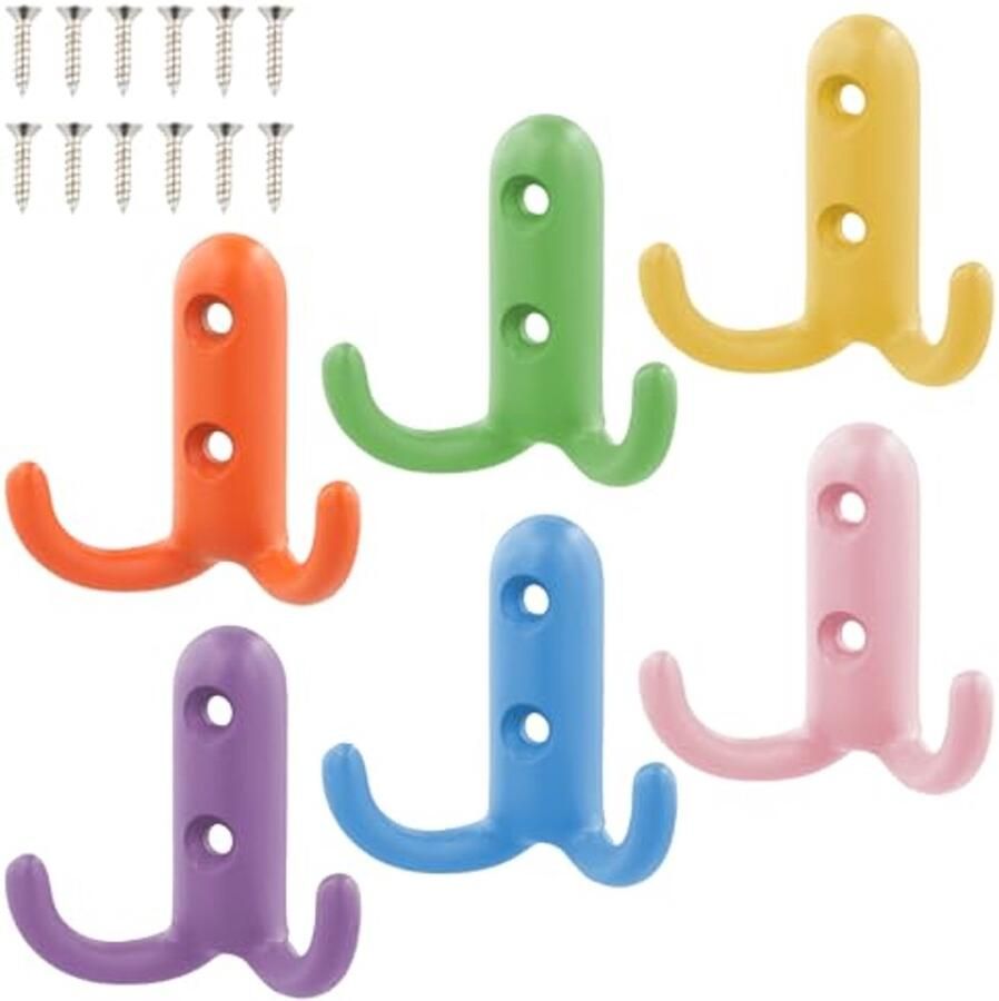 Kapstok Hangend Kleurrijke Wandhaken-Wandgemonteerde-6 Stuks-Zware Metalen Haak-Deurhaken-Moderner Kinderkamer-Kinderkamer Decor-Haak voor Hangende Jas-Rugzak-Tas-Handdoeken met Schroef
