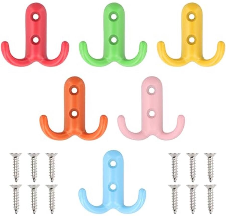 Litinliv Set van 6 kinderkapstokken kleurrijk kleine metalen haken met 12 schroeven dubbele kapstokhaken retro wandhaken vintage kapstokken voor kapstokken badkamer keuken
