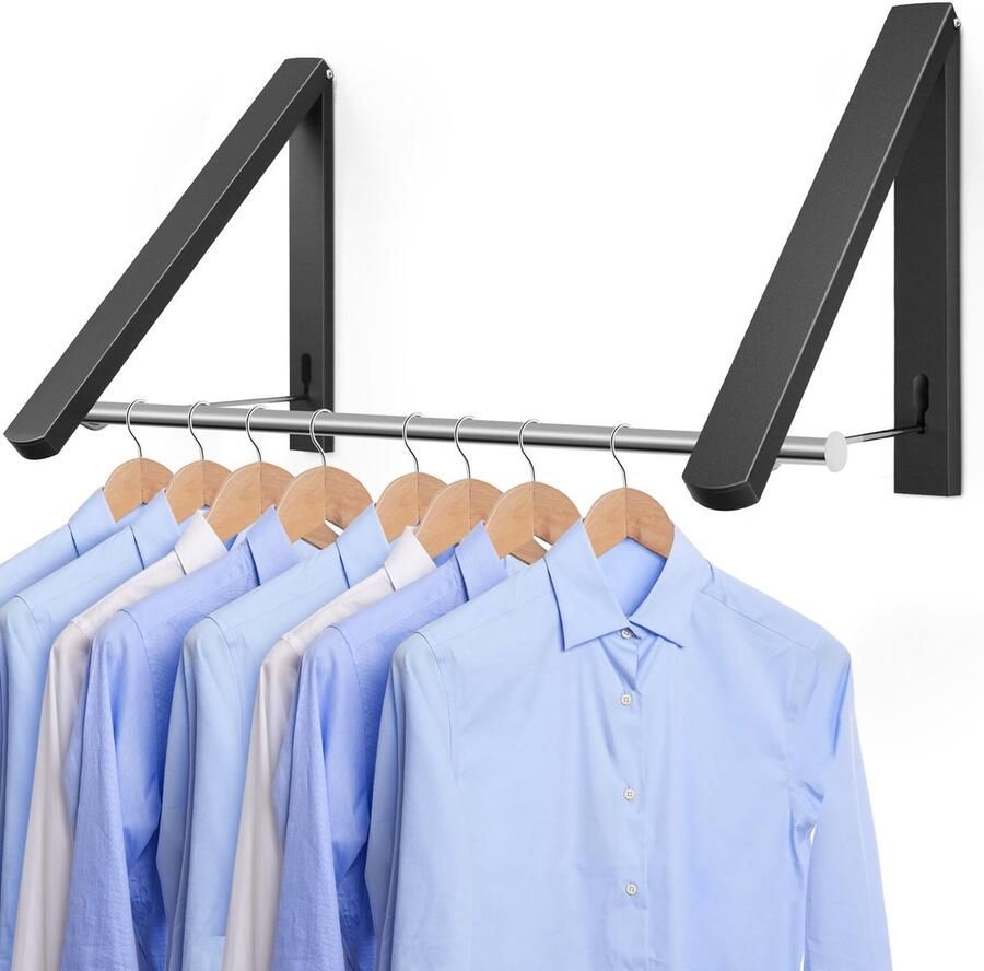 LIVEHITOP Kledinghaak Muur Kledingrek Wandmontage Aluminium Stabiliserende Kleding Droogrek Opvouwbaar met Stang voor Badkamer Wasruimte Garderobe Balkon (Zwart)