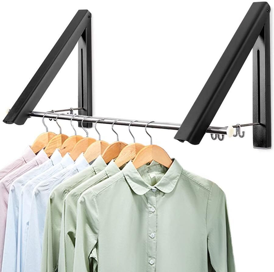 LIVEHITOP Opvouwbare wandkledingrek 2 stuks Ruimtebesparende aluminium kapstokhaken met stang en hangerhaakhouder voor slaapkamer badkamer balkon binnen en buiten (zwart)