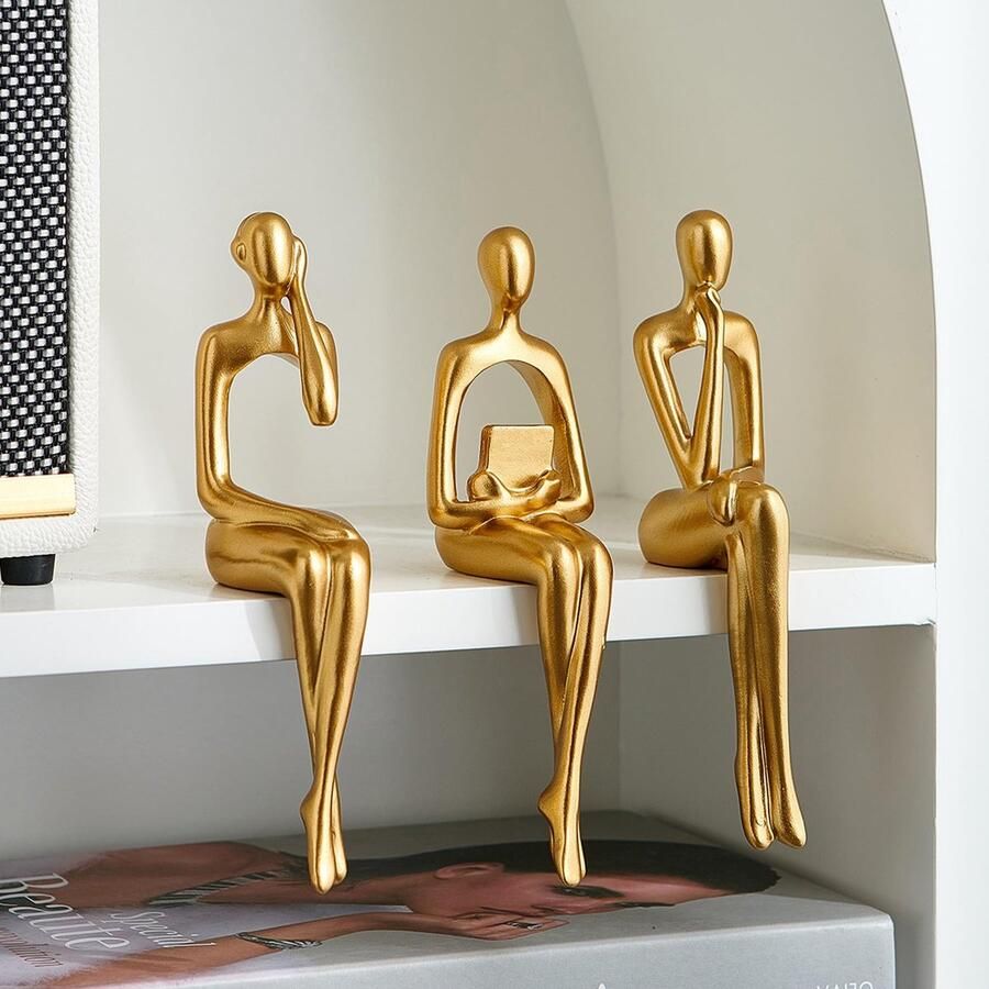 LNXMES Gouden Denker Sculpturen Decoratie voor Woonkamer 3 Stuks Plankdecoratie Esthetisch Moderne Abstracte Kunstbeeldjes voor Huisdecoratie TV Kast Boekenplank Salontafel Decoratie